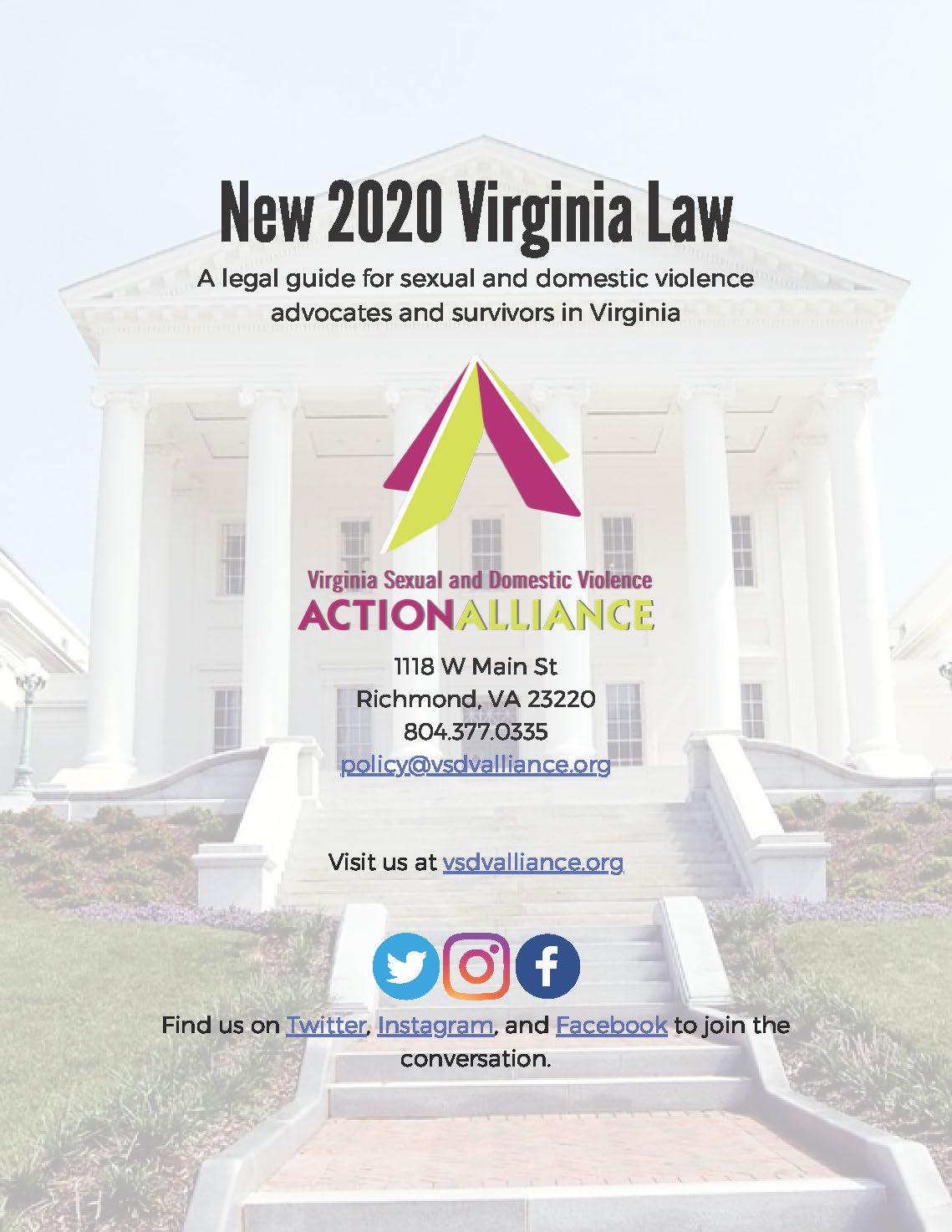 Text says "New 2020 Virginia Law: A legal guide for sexual and domestic violence advocates and survivors in Virginia" with background image of the Virginia General Assembly building's entrance.